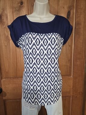 Rewind Navy and White Geometric Short Sleeve Blouse